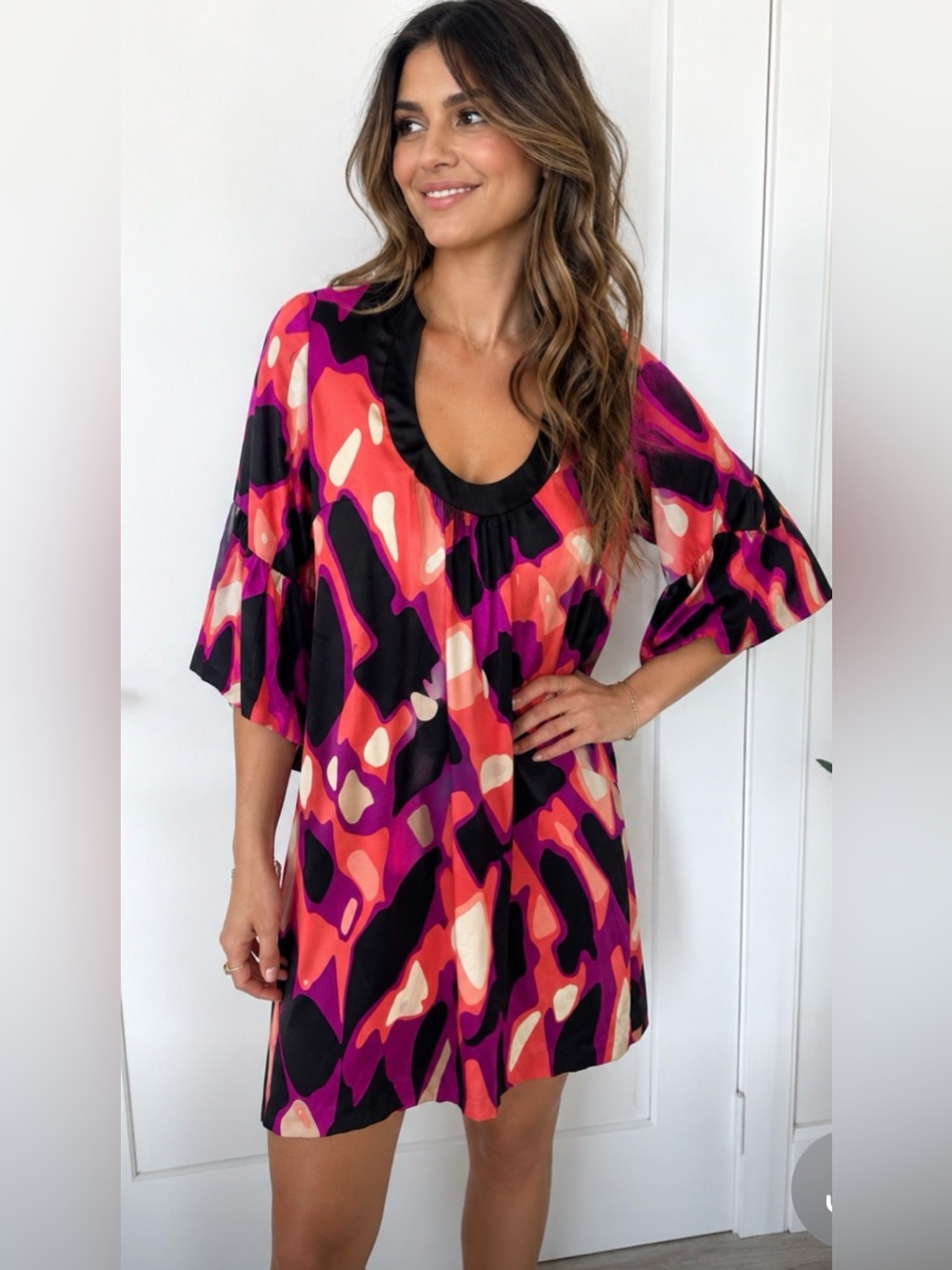 Trina Turk Abstract Black Pink Bonita Silk Dress Long Sleeve Bell NWT US 8 Retro